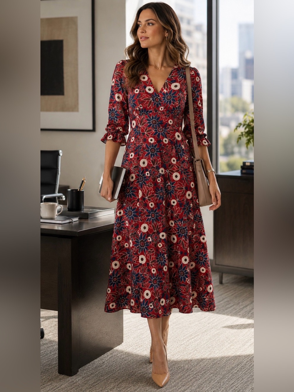 Bright & Beautiful Red Floral Structured Midi Dress